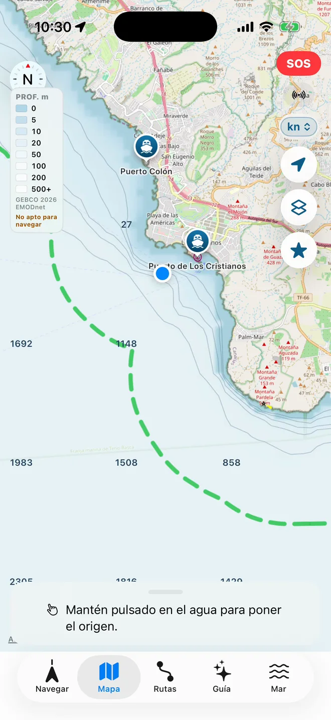 Mapa de Embarca con el barco frente a Los Cristianos (Tenerife), la profundidad sombreada y la línea discontinua de 2 millas