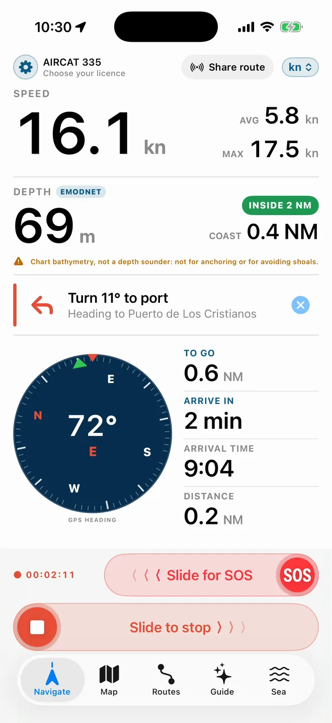 Embarca's Navigate screen under way off Tenerife: speed, heading, depth under the boat, distance to the coast and estimated arrival time