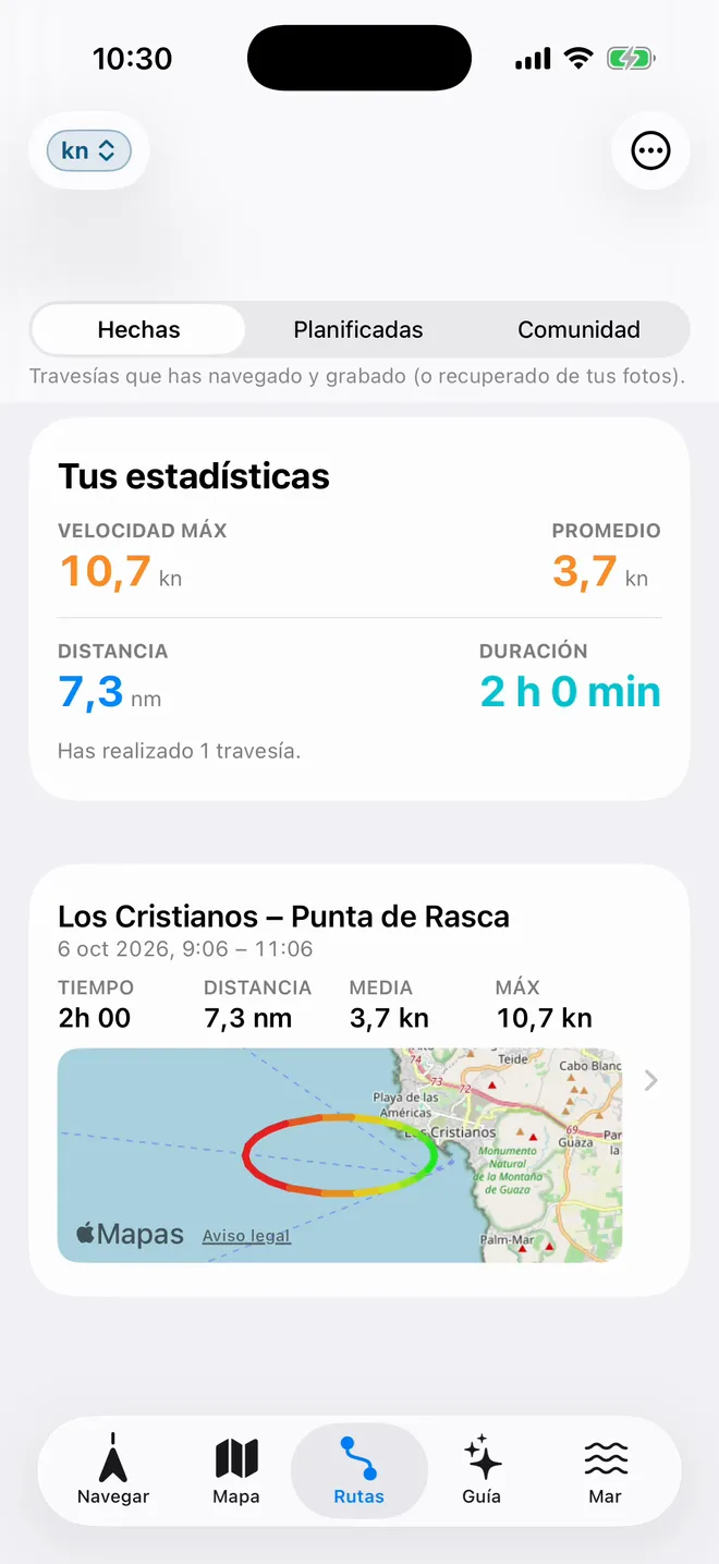 Pestaña Rutas de Embarca con tus estadísticas y una salida guardada de Los Cristianos a Punta de Rasca