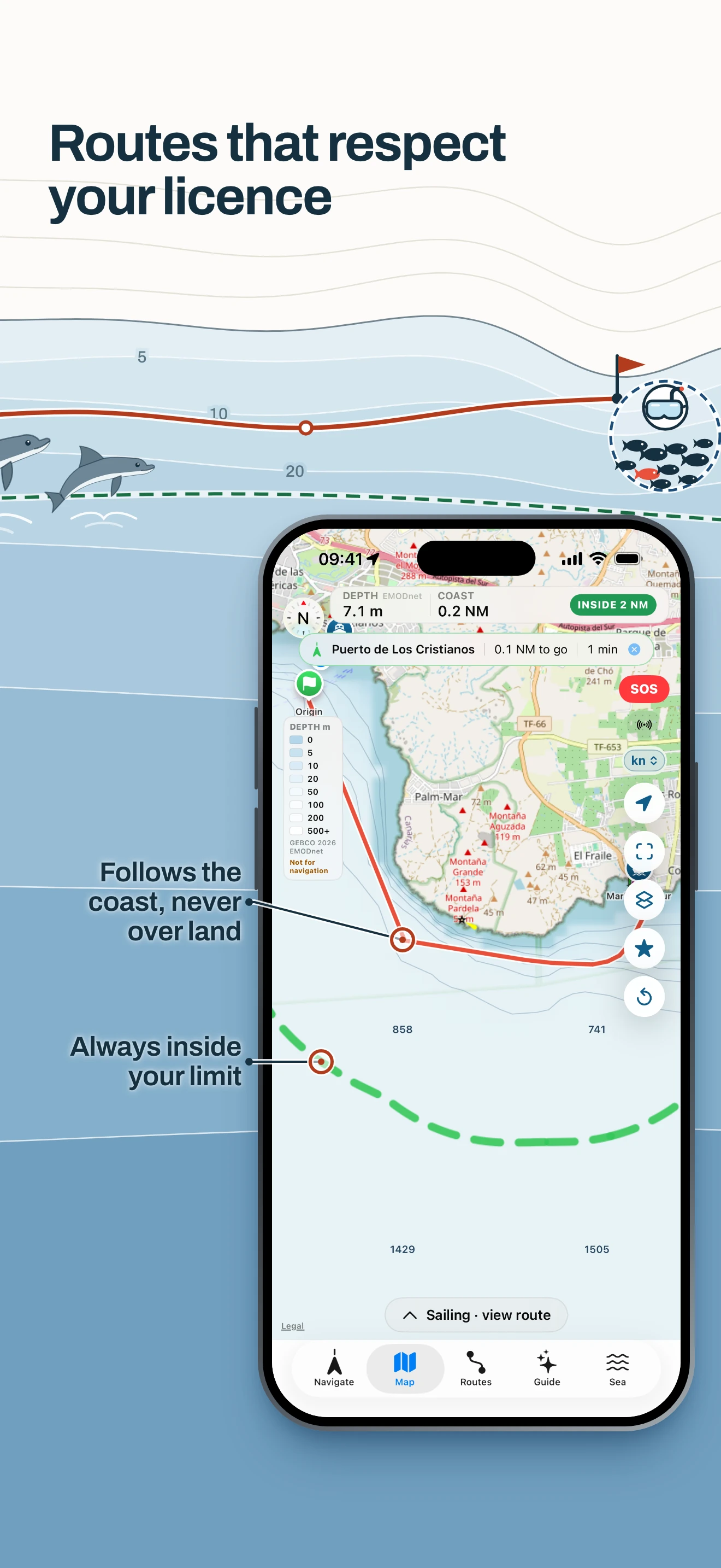 Embarca planner: a route that follows the coast and stays inside the limit of your licence, with the green dashed line