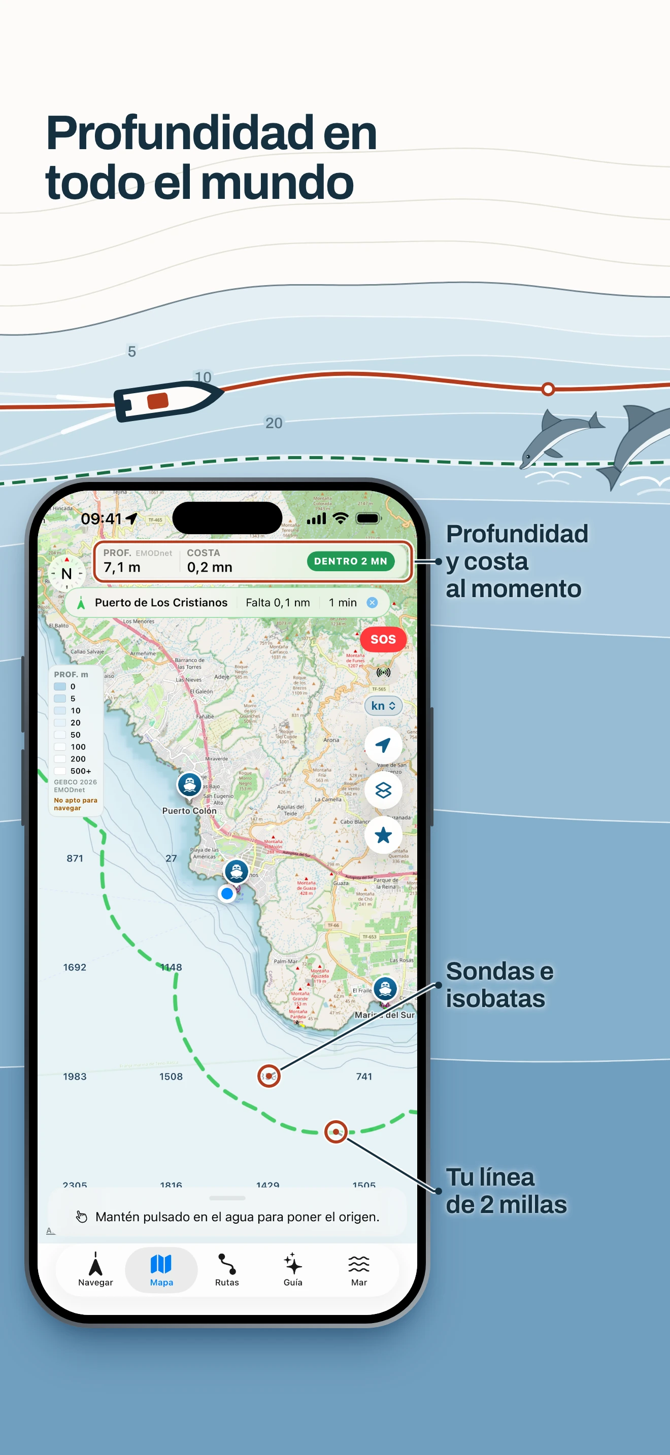 Mapa de Embarca con la profundidad en todo el mundo: sondas, isobatas y la línea de 2 millas, continuación de la carta anterior