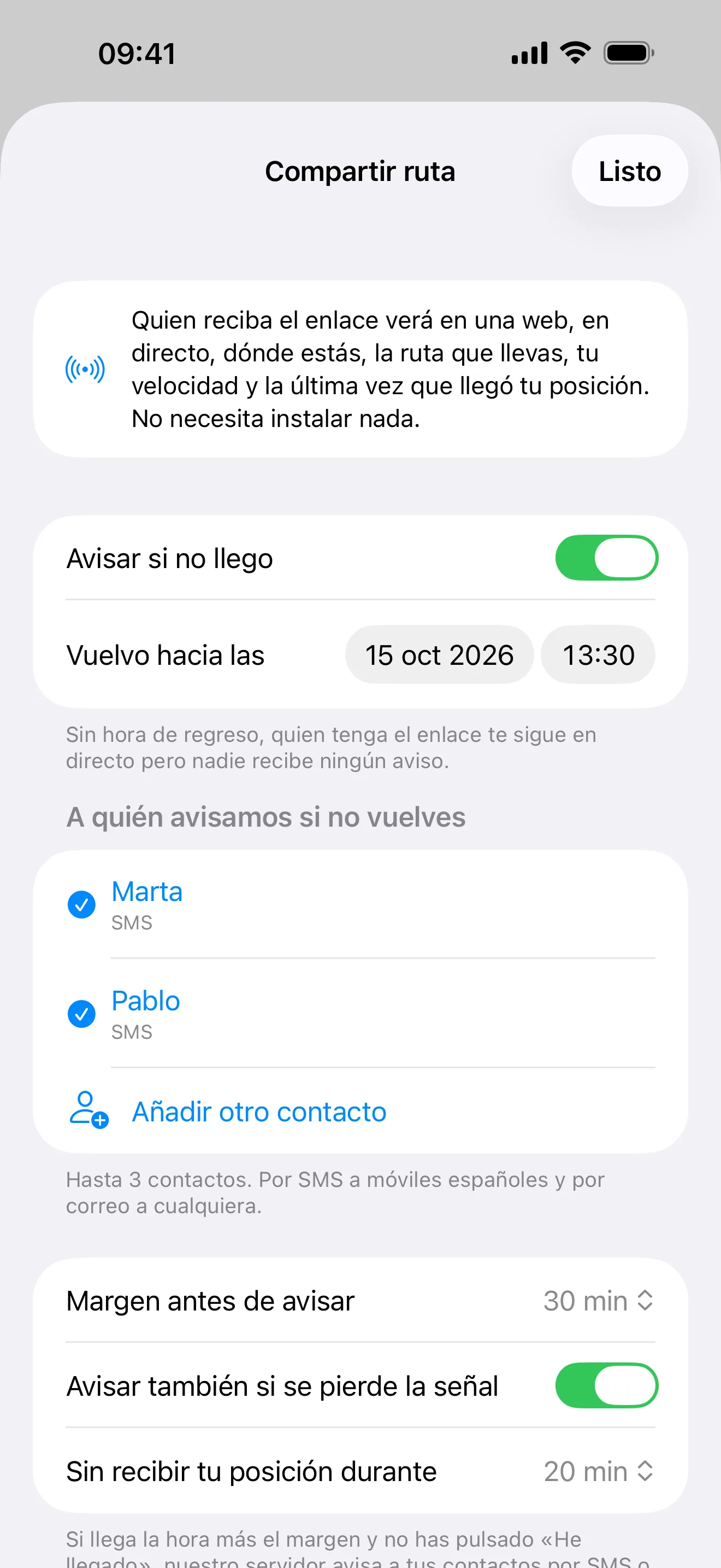 Hoja Compartir ruta de Embarca con «Avisar si no llego» activado: hora de regreso, dos contactos que recibirán el aviso por SMS, margen de 30 minutos y aviso si se pierde la señal