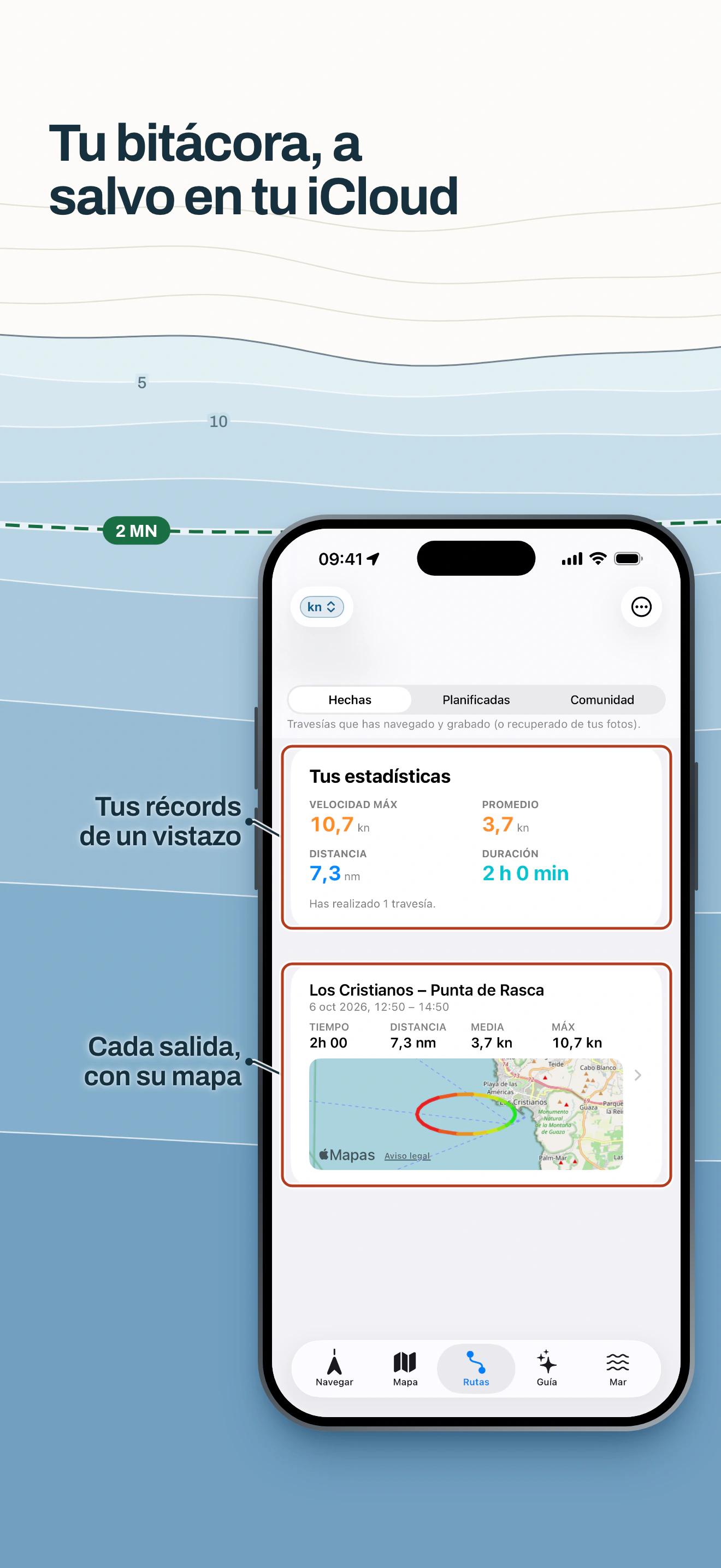 Bitácora de Embarca con tus estadísticas, récords y cada salida con su mapa, a salvo en tu iCloud