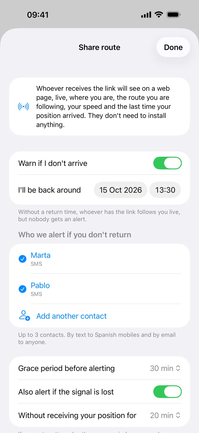 Embarca's «Share route» sheet with «Warn if I don't arrive»: return time, contacts to alert, grace period and an alert for a lost signal