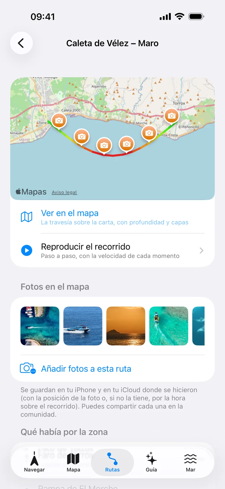 Detalle de una travesía en Embarca: el recorrido sobre el mapa con cinco fotos colocadas donde se hicieron y la tira de fotos de la ruta