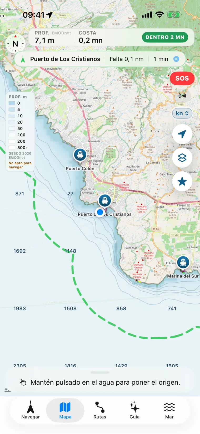 Mapa de Embarca frente a Los Cristianos (Tenerife) con la profundidad sombreada, la leyenda de profundidades, las sondas en metros y la línea de 2 millas