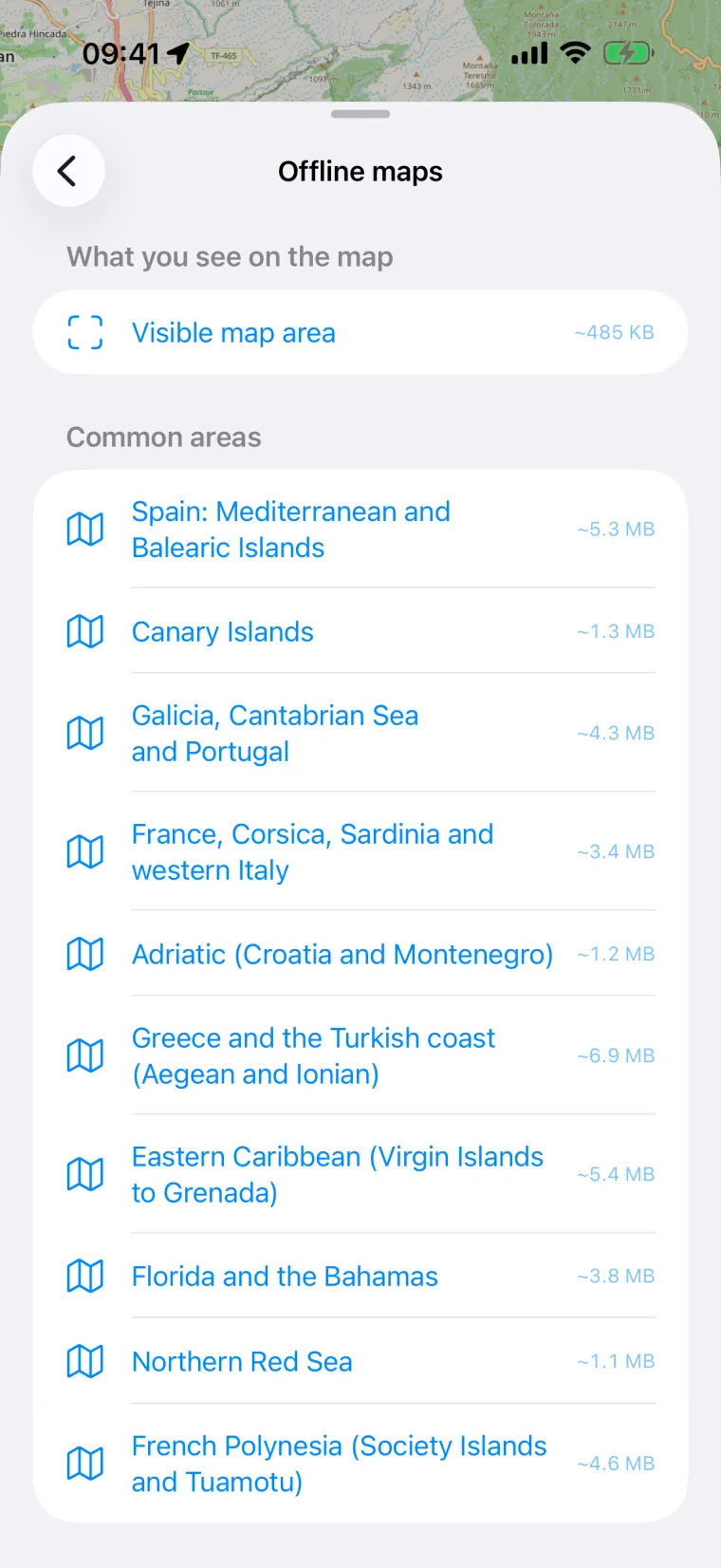 Embarca offline maps screen with the areas that can be downloaded and their size