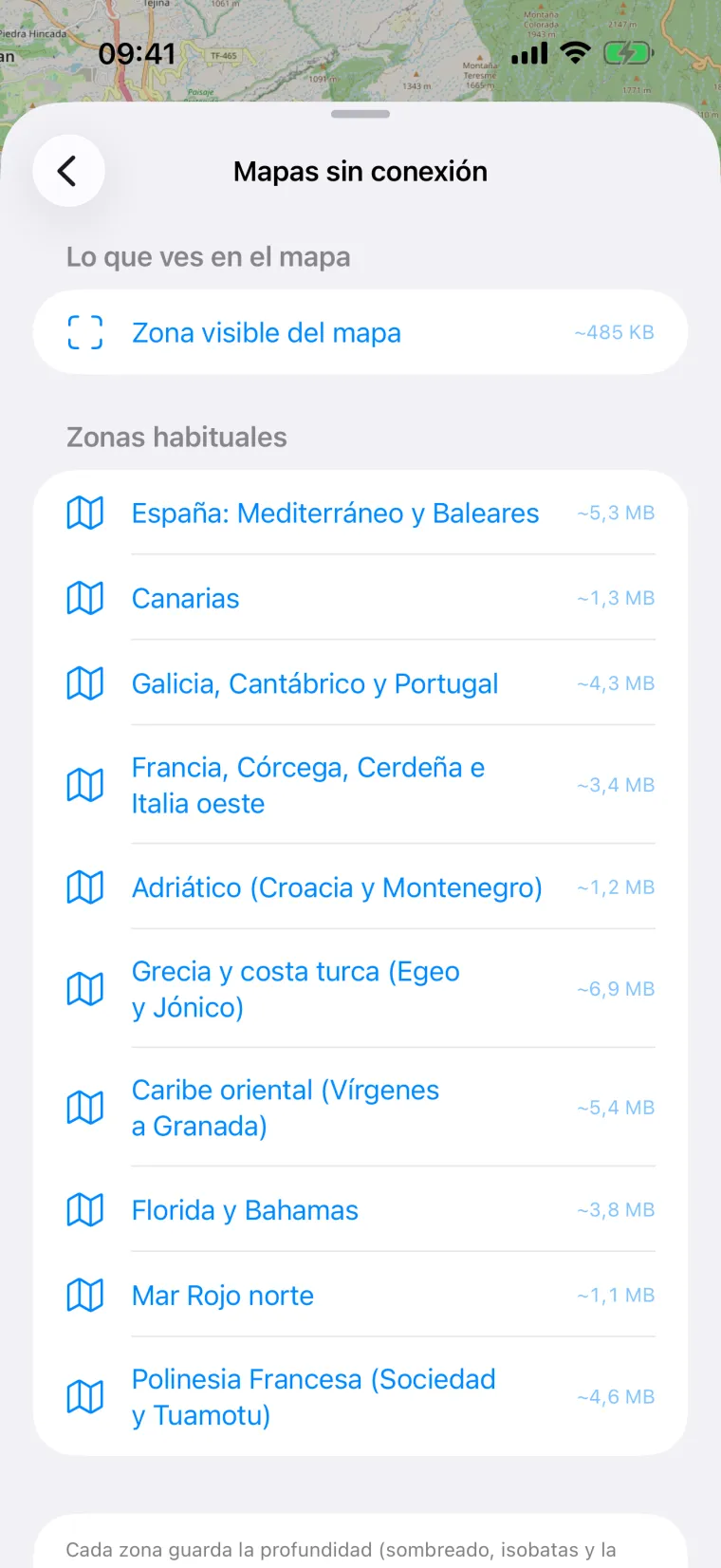 Pantalla de mapas sin conexión de Embarca con las zonas que se pueden descargar y su tamaño