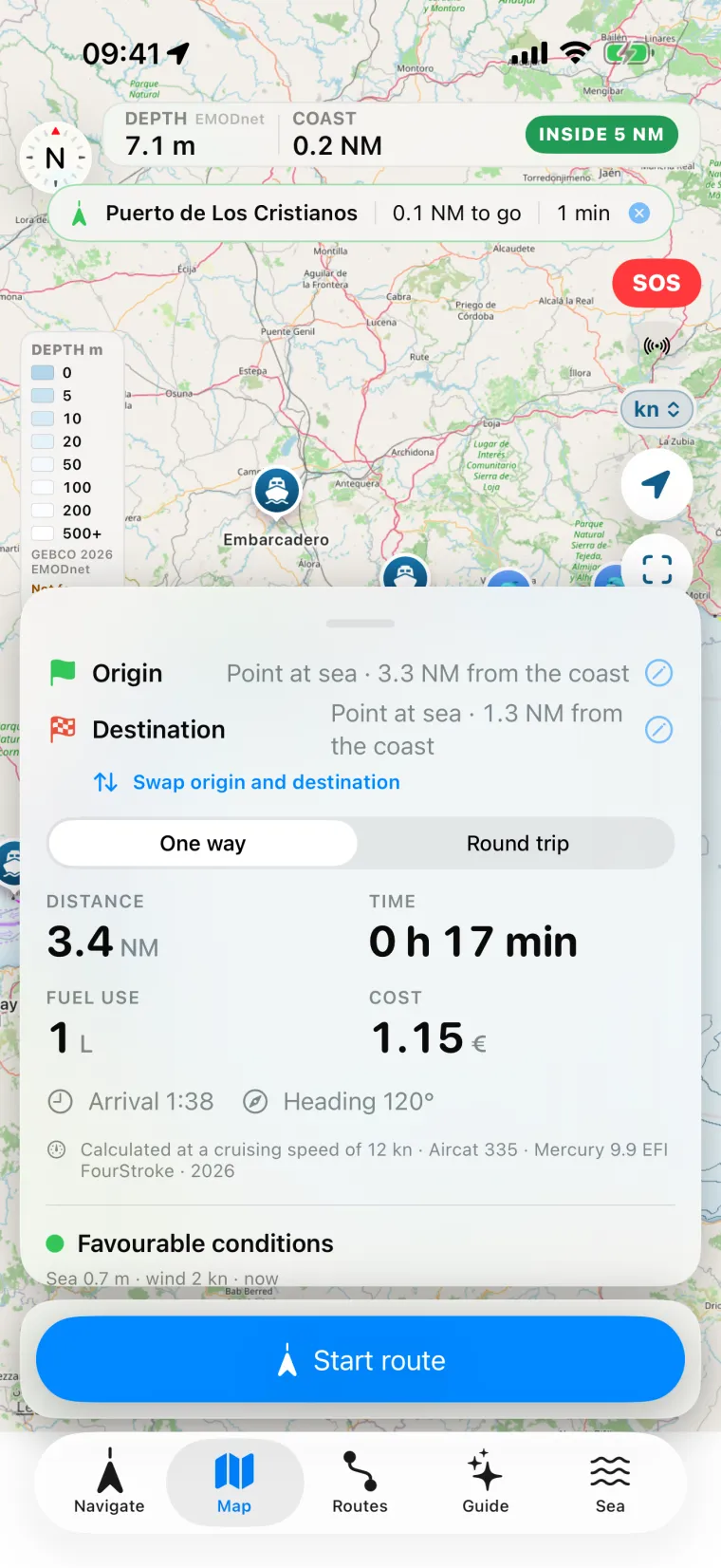 Embarca's planner with the green dashed 2 NM line, the «Inside 2 NM» label and the distance to the coast of the origin and the destination