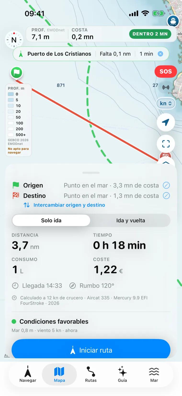 Planificador de Embarca con la línea discontinua verde de 2 millas, la etiqueta «Dentro 2 MN» y la distancia a la costa del origen y del destino