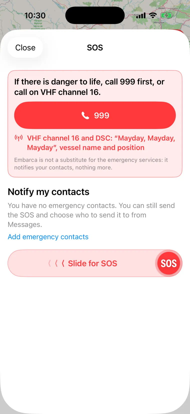 Embarca SOS sheet: first the warning to call the emergency number of your region or VHF channel 16, then the slider to alert your contacts