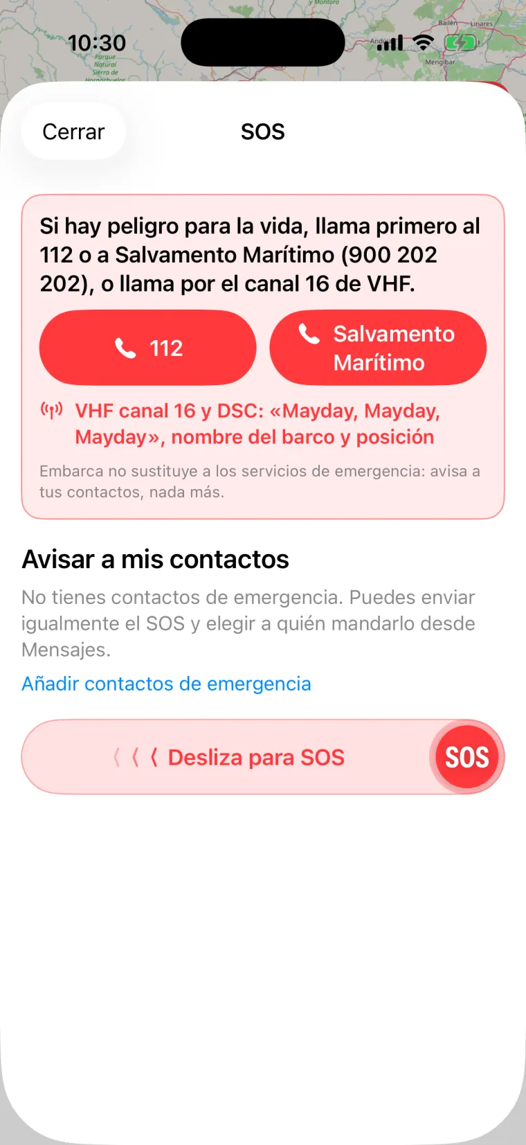 Hoja de SOS de Embarca: primero el aviso de llamar al 112 o a Salvamento Marítimo y después el deslizador para avisar a tus contactos