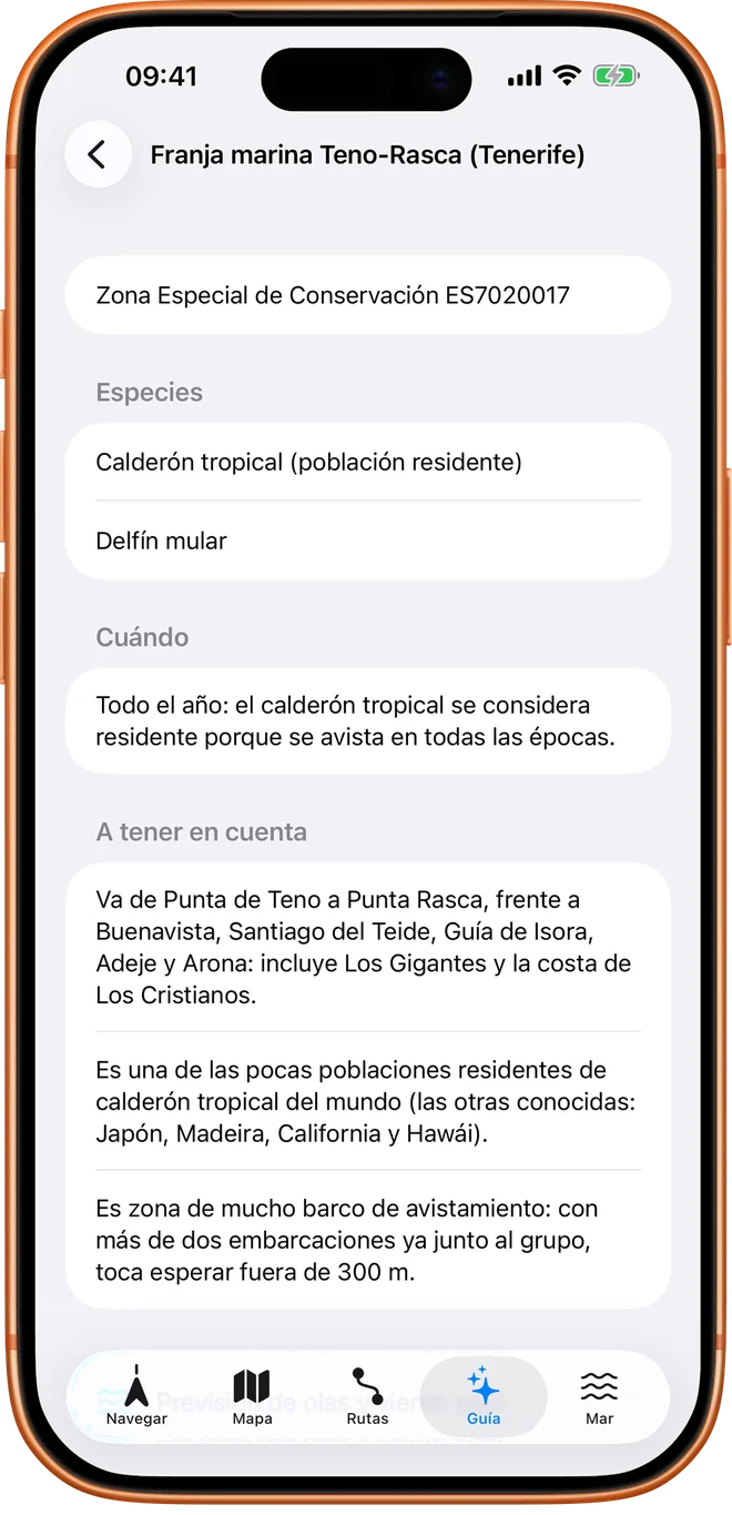 Ficha de la franja marina Teno-Rasca (Tenerife) en Embarca, con la fuente de cada zona.