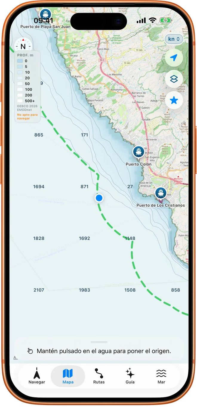 Mapa de Embarca con la línea discontinua de las 2 millas frente a Los Cristianos (Tenerife).