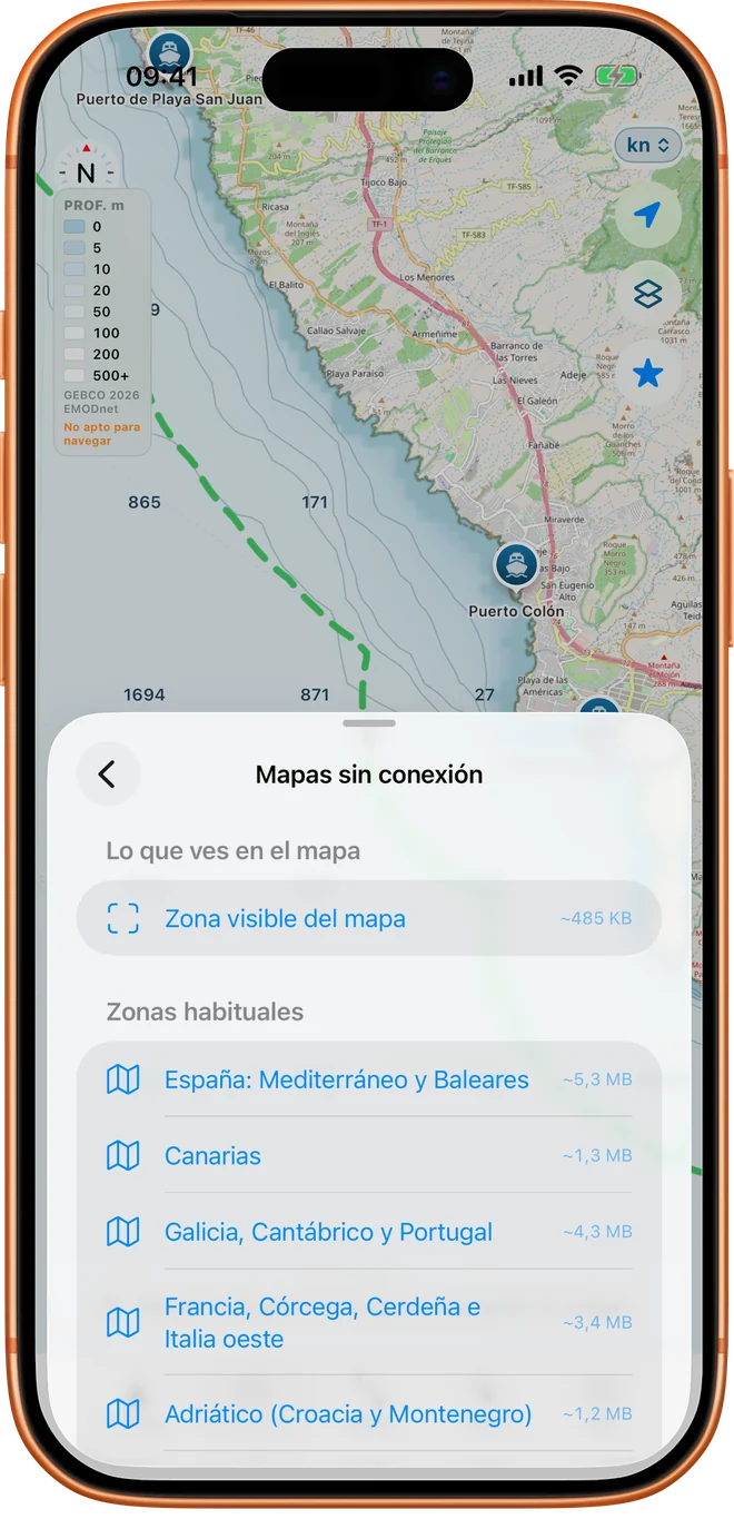 La pantalla de mapas sin conexión de Embarca: zonas que se pueden descargar antes de salir, con su tamaño estimado.