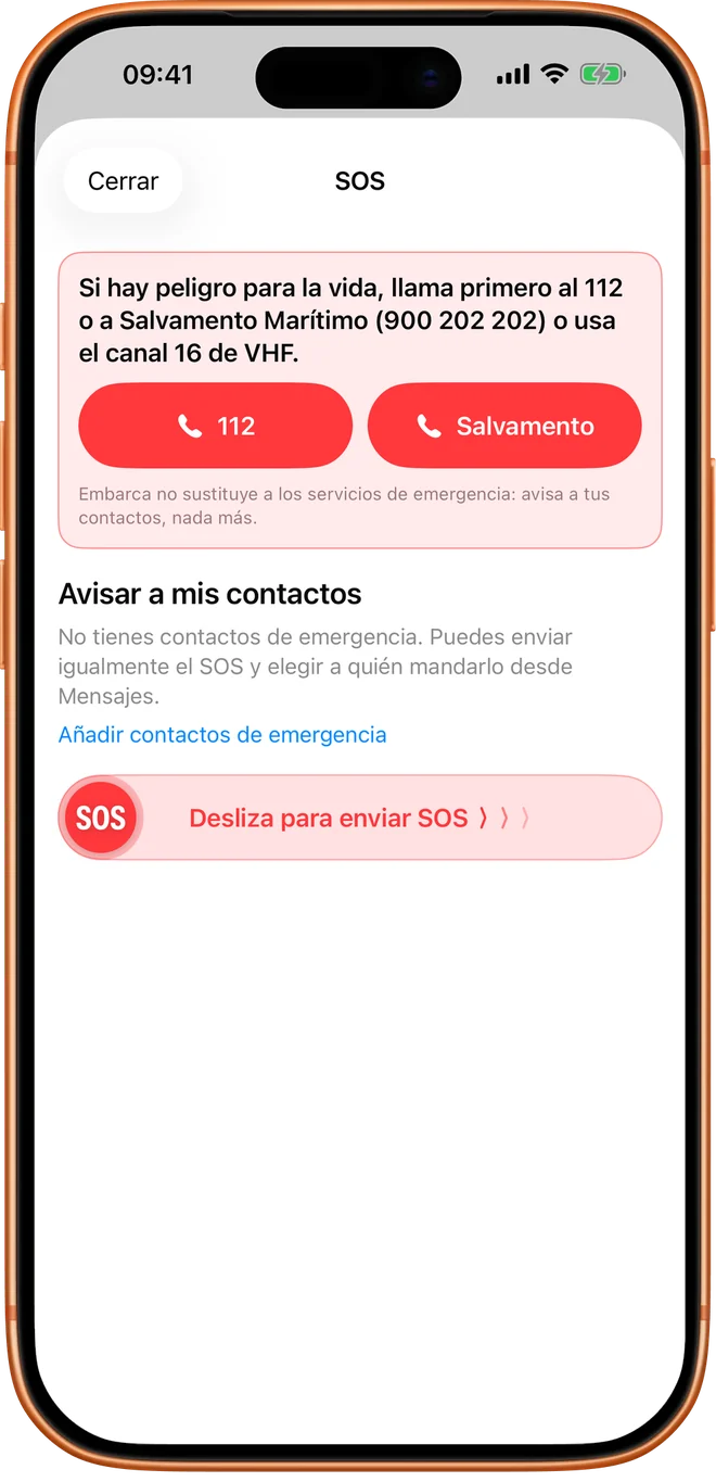 La hoja del SOS de Embarca: primero el aviso de llamar al 112 o a Salvamento Marítimo, y después el deslizador para alertar a tus contactos.